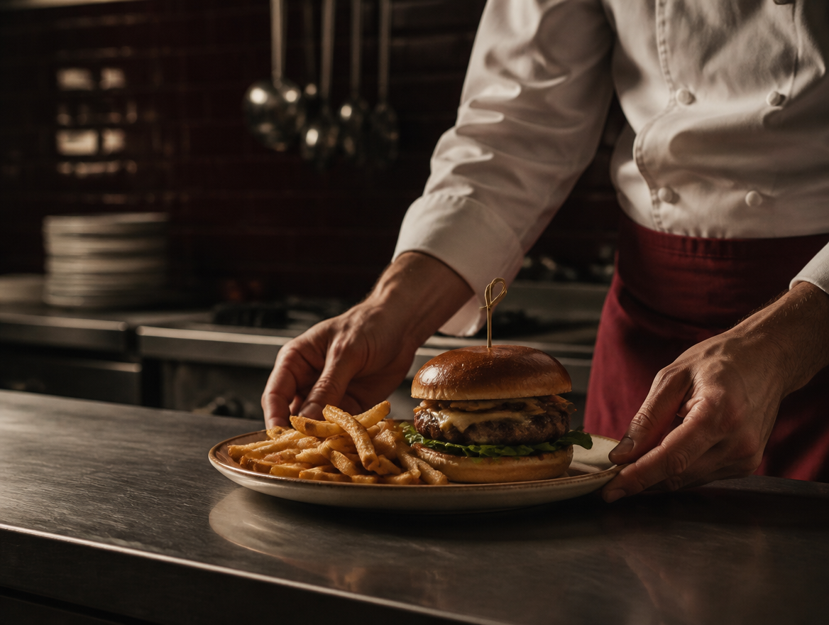 Mutfak servis tezgâhına burger tabağı bırakan şefin elleri