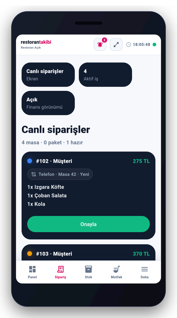 RestoranTakibi mobil uygulamasında sipariş listesi ve sipariş durumu